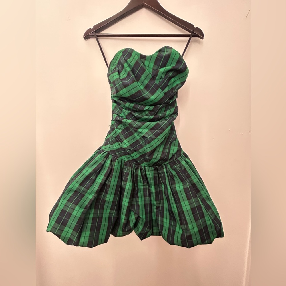 Green black plaid punk rock strapless dress
